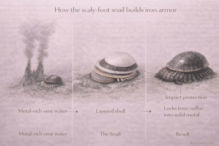Diagram showing how a deep-sea snail forms layered iron armor using metal-rich vent water