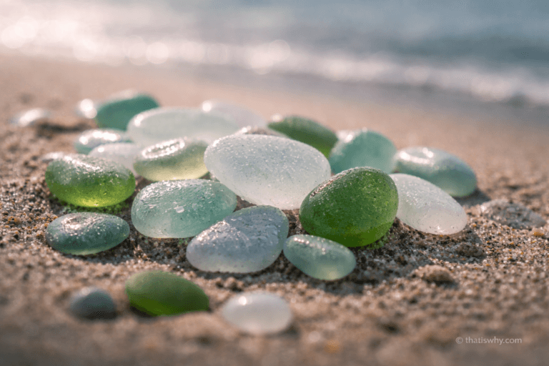 Frosted sea glass pieces on beach sand, showing how the ocean smooths broken glass over time.