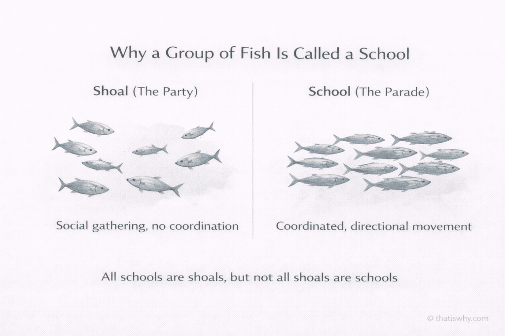 Diagram showing the difference between a shoal and a school of fish