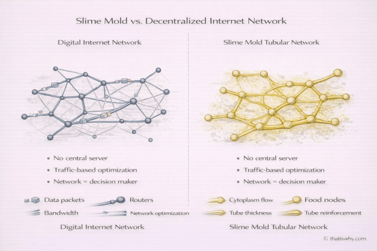Diagram showing slime mold intelligence as a decentralized network