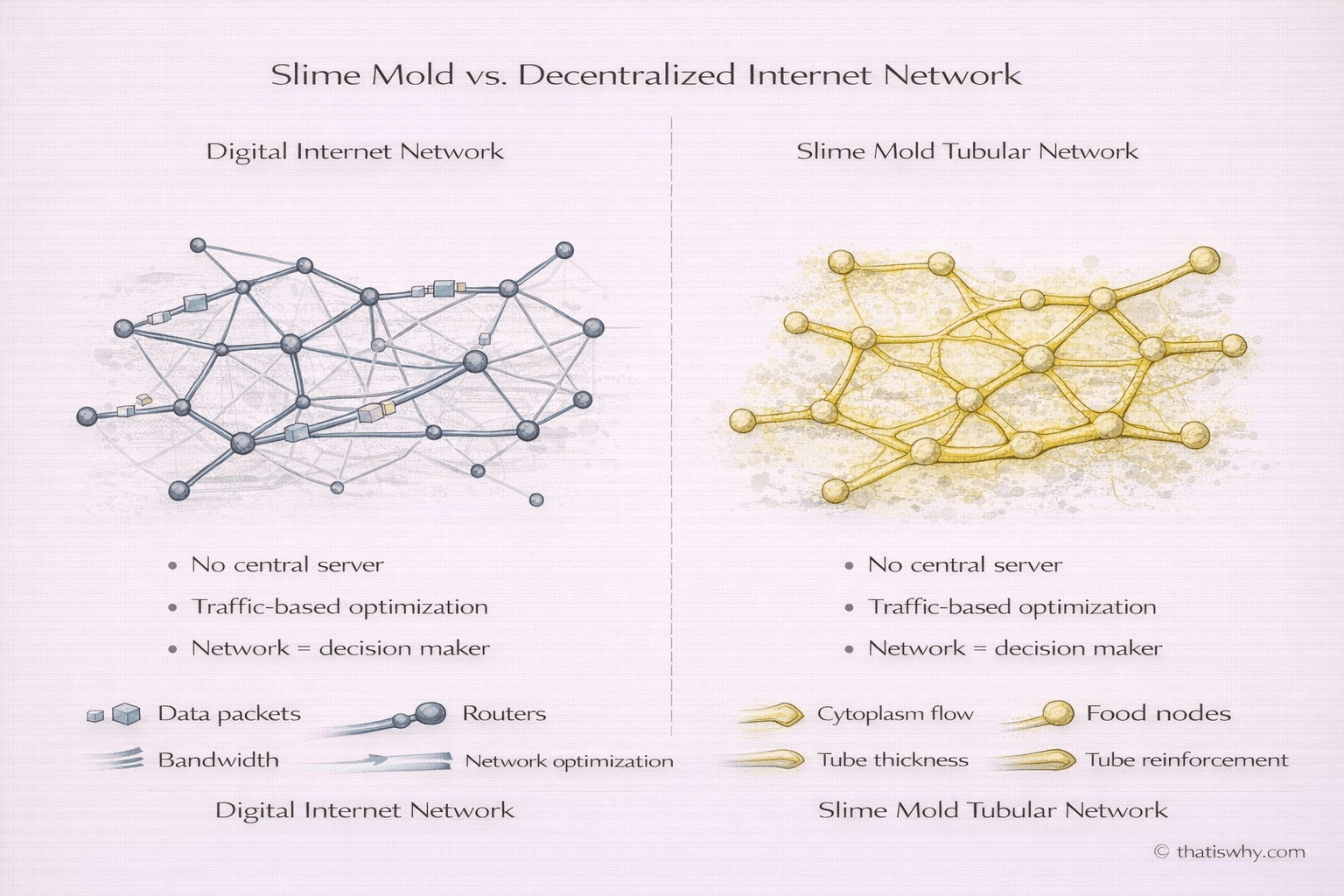 Diagram showing slime mold intelligence as a decentralized network