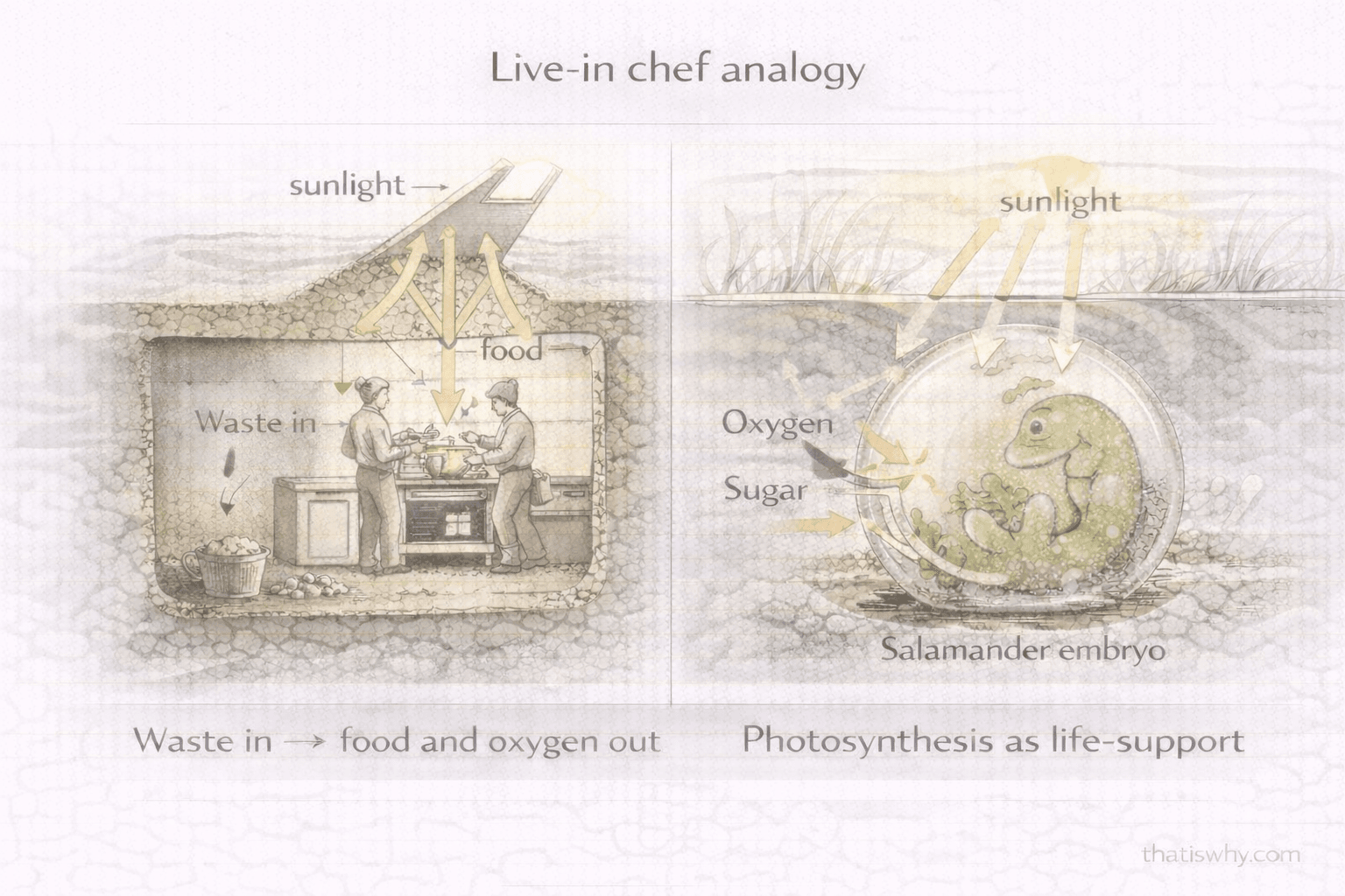 Analogy diagram showing algae acting as a live-in chef inside salamander eggs