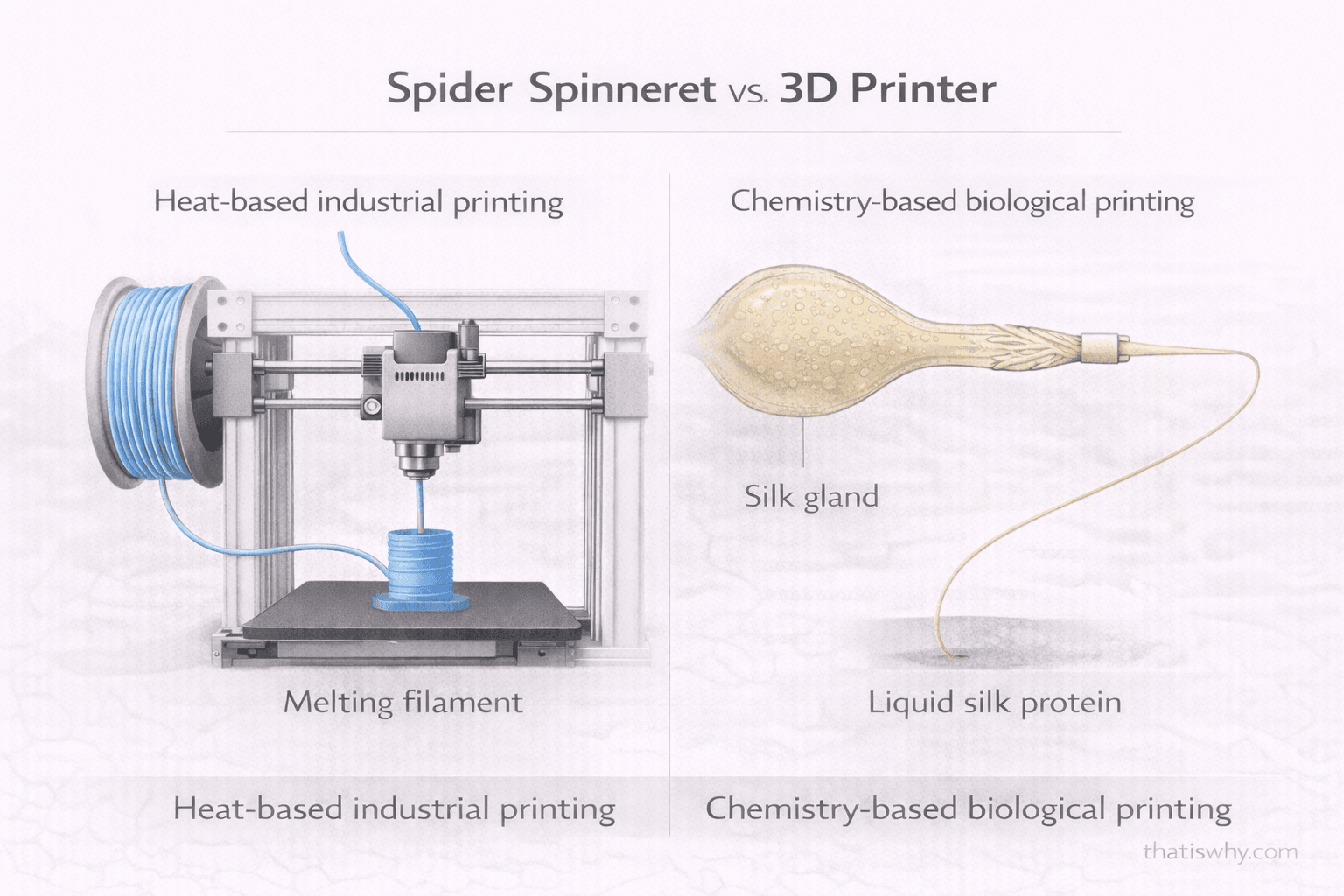 Diagram comparing spider silk production to a 3D printer
