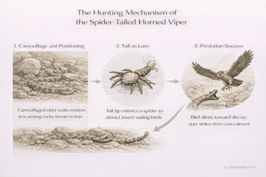 Diagram showing how the spider-tailed horned viper uses its tail to mimic a spider and lure birds