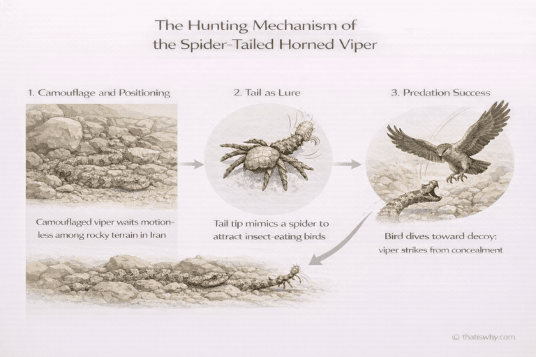 Diagram showing how the spider-tailed horned viper uses its tail to mimic a spider and lure birds