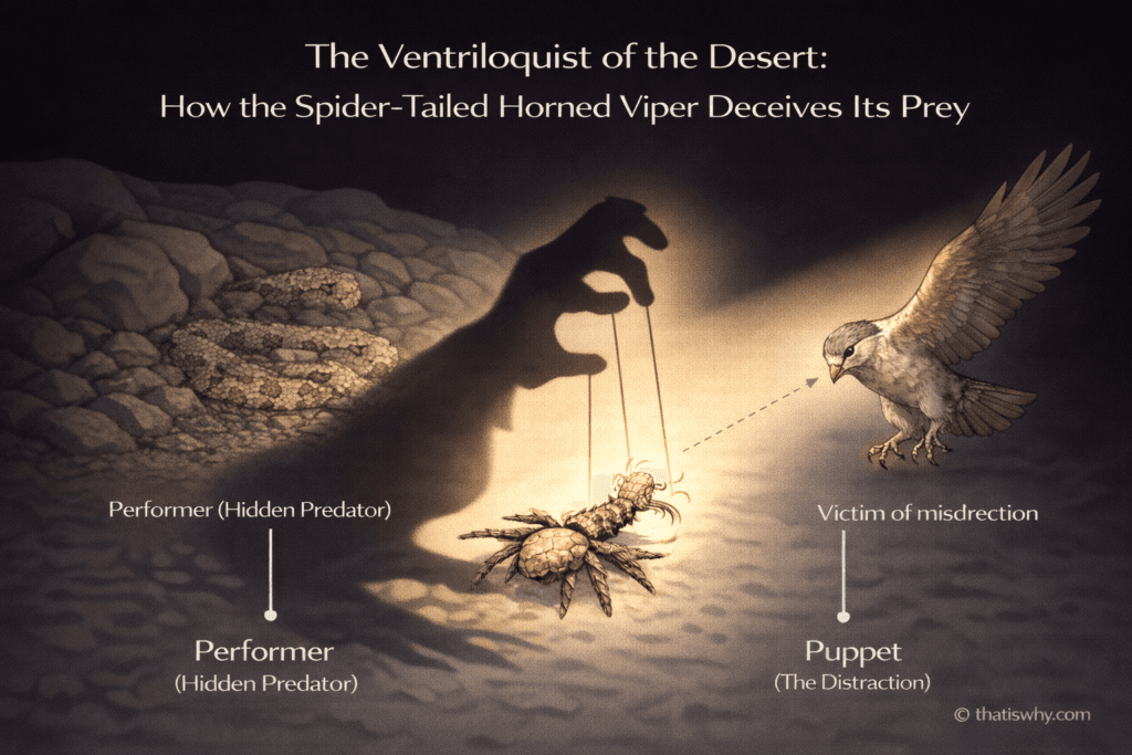 Analogy showing the spider-tailed viper acting like a ventriloquist using its tail as a spider puppet