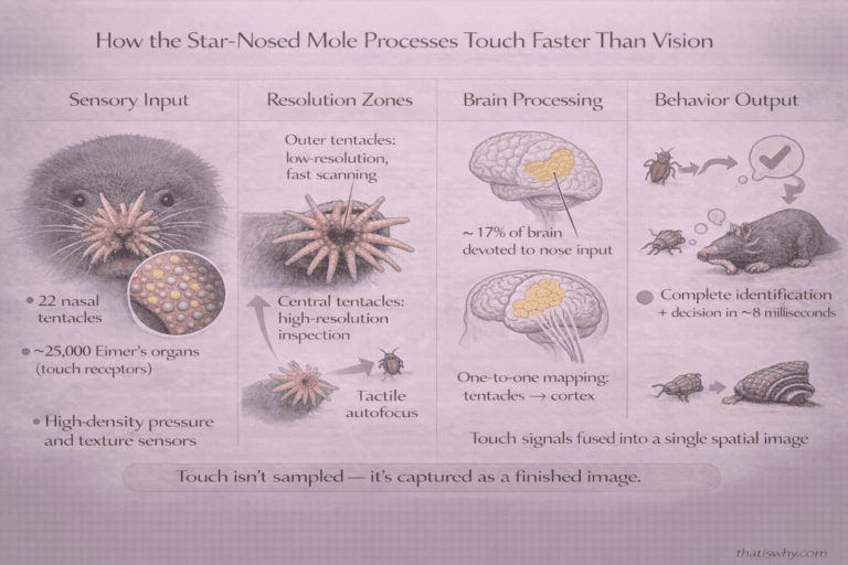 Scientific diagram showing how the star-nosed mole uses touch as a fast image-processing system