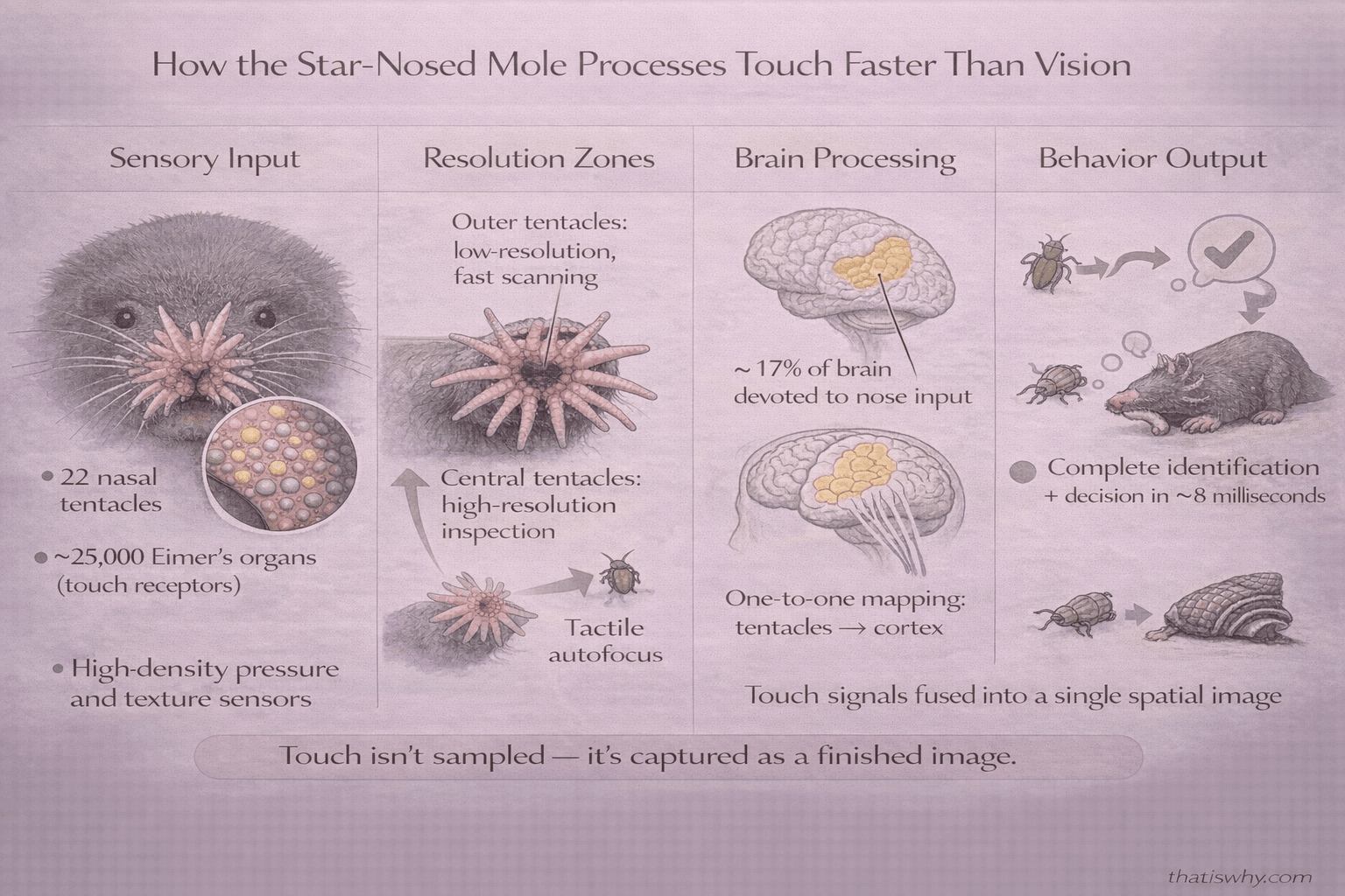 Scientific diagram showing how the star-nosed mole uses touch as a fast image-processing system