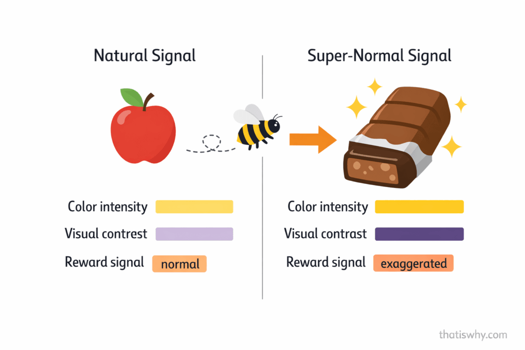 Diagram comparing a natural signal and a super-normal stimulus using an apple and a candy bar, showing exaggerated color, contrast, and reward signals that hijack decision-making