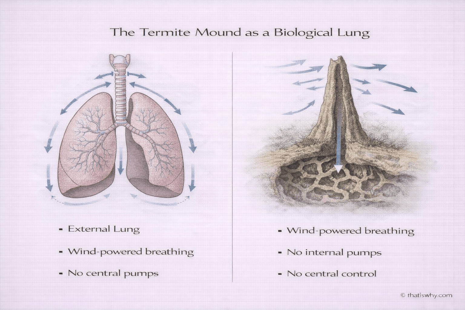 Diagram comparing termite mound ventilation to a lung