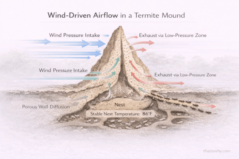 Diagram showing how wind ventilates a termite mound