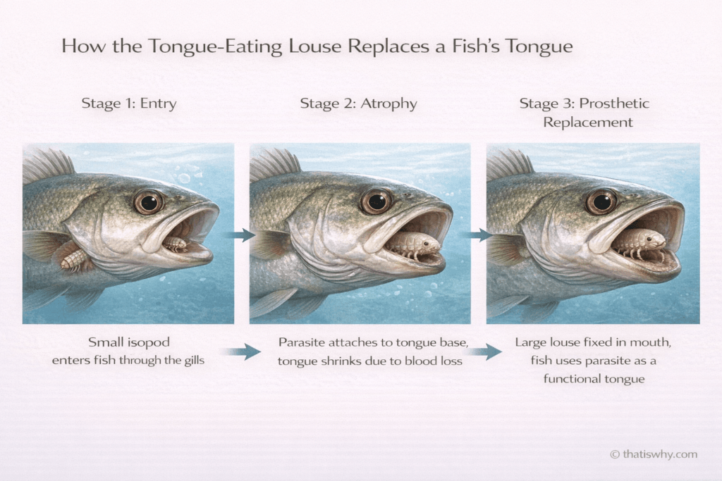 Diagram showing how the tongue-eating louse replaces a fish’s tongue
