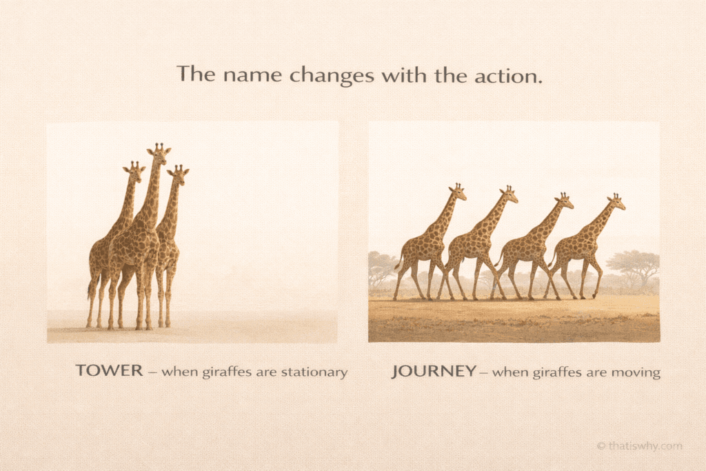 Diagram showing why a group of giraffes is called a tower when standing still and a journey when moving.