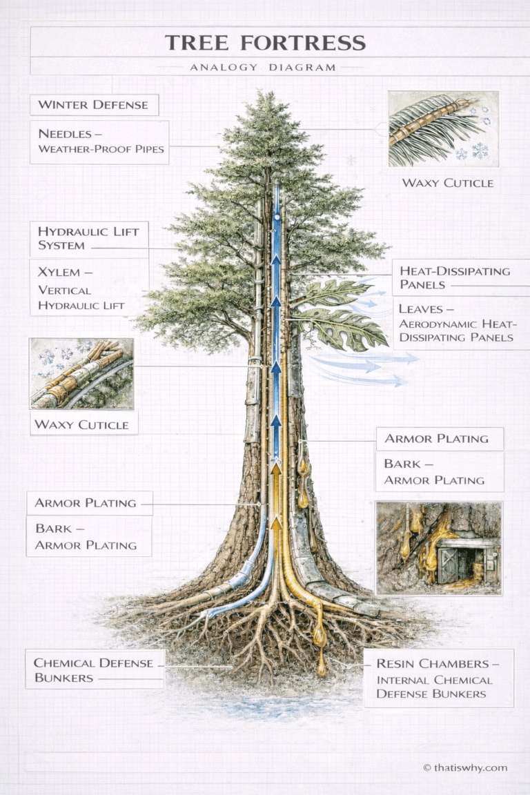 Analogy diagram showing a tree as a fortress engineered to survive environmental threats