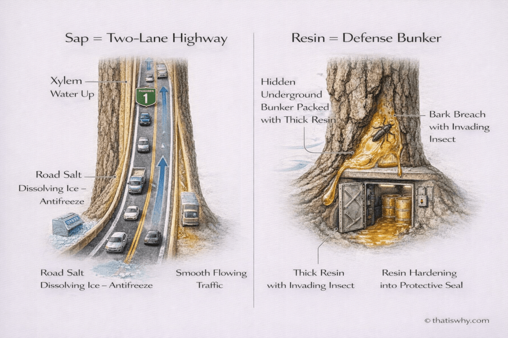 Analogy diagram comparing tree sap transport to a highway and resin to a defensive bunker