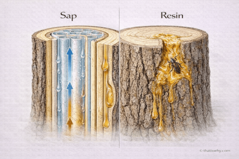 Illustration showing the difference between tree sap flowing inside the trunk and resin sealing a wound