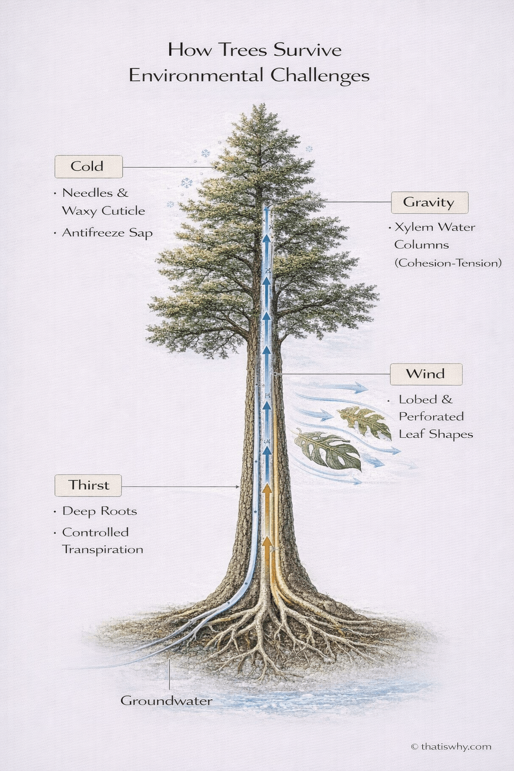 Diagram explaining how trees survive cold, gravity, wind, and drought through engineered adaptations