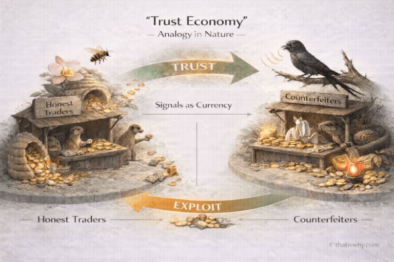 Analogy diagram showing trust as currency in nature and how animals exploit false signals through deception