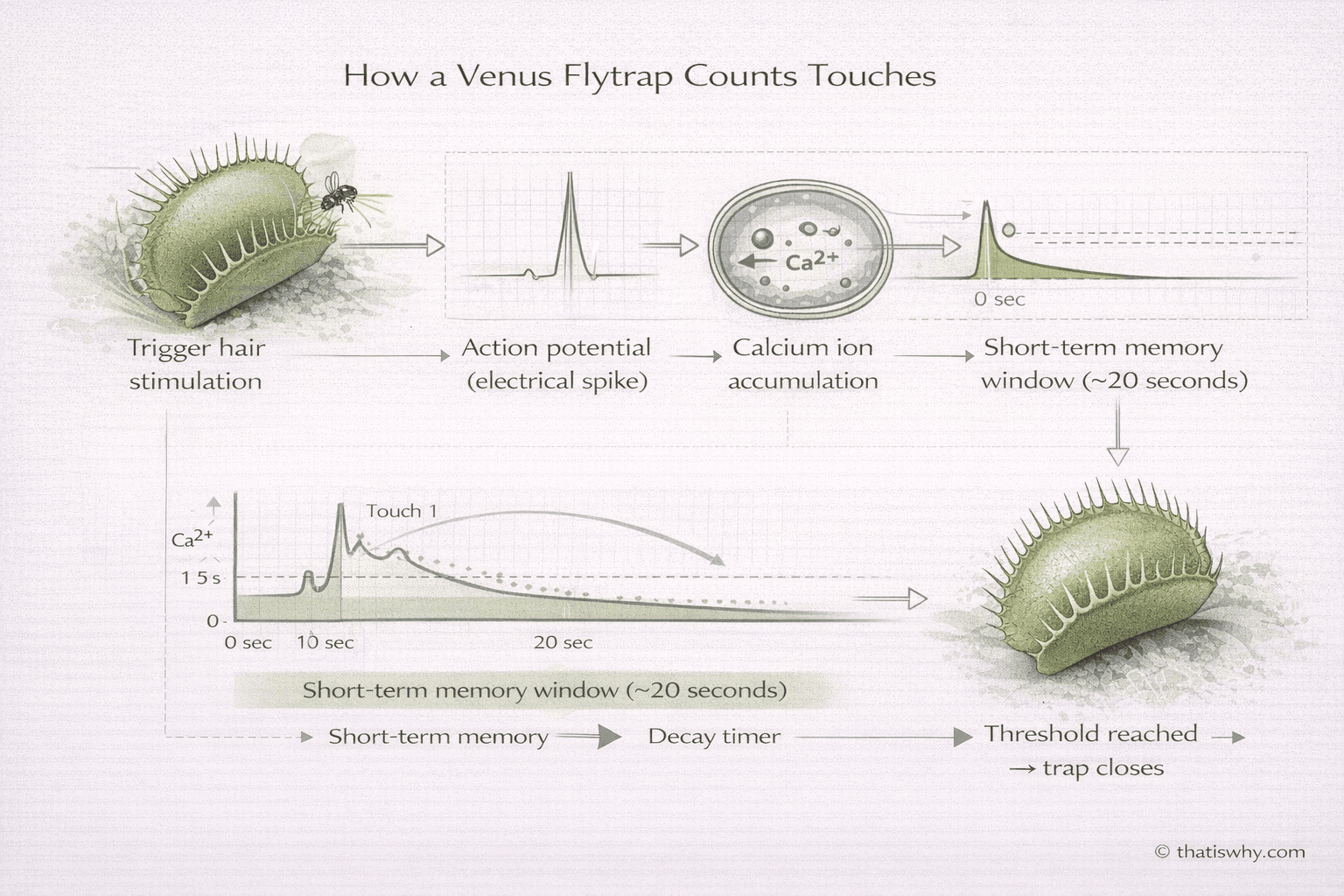 Diagram showing how calcium ions allow Venus Flytraps to count touches