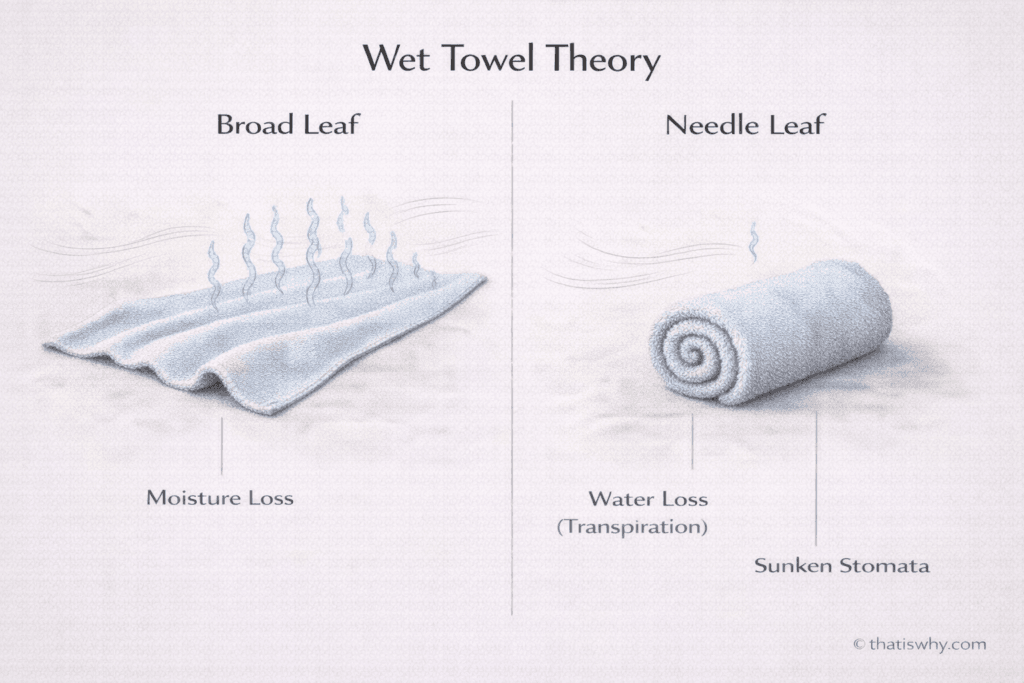 Analogy diagram showing a flat wet towel drying faster than a rolled towel to explain needle-shaped leaves