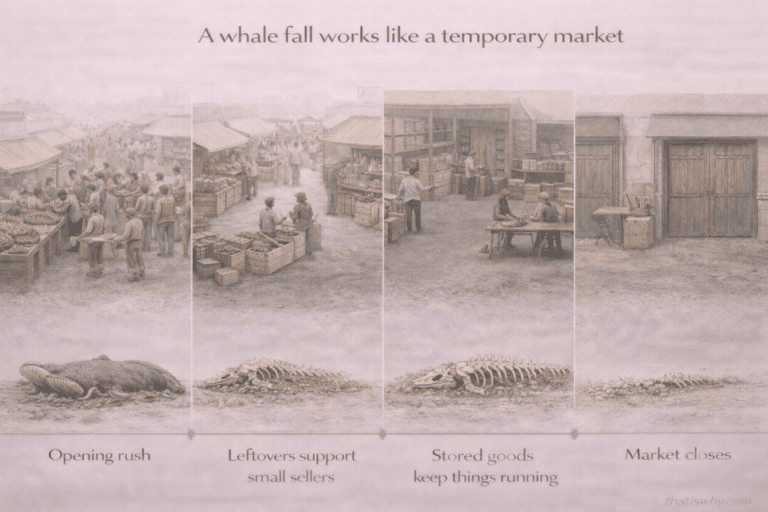 Analogy diagram comparing a whale fall to a market that opens, operates, and closes over time