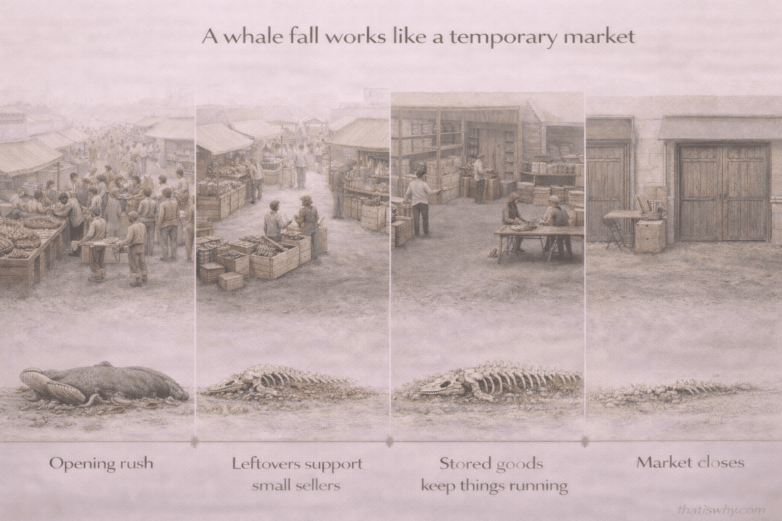 Analogy diagram comparing a whale fall to a market that opens, operates, and closes over time