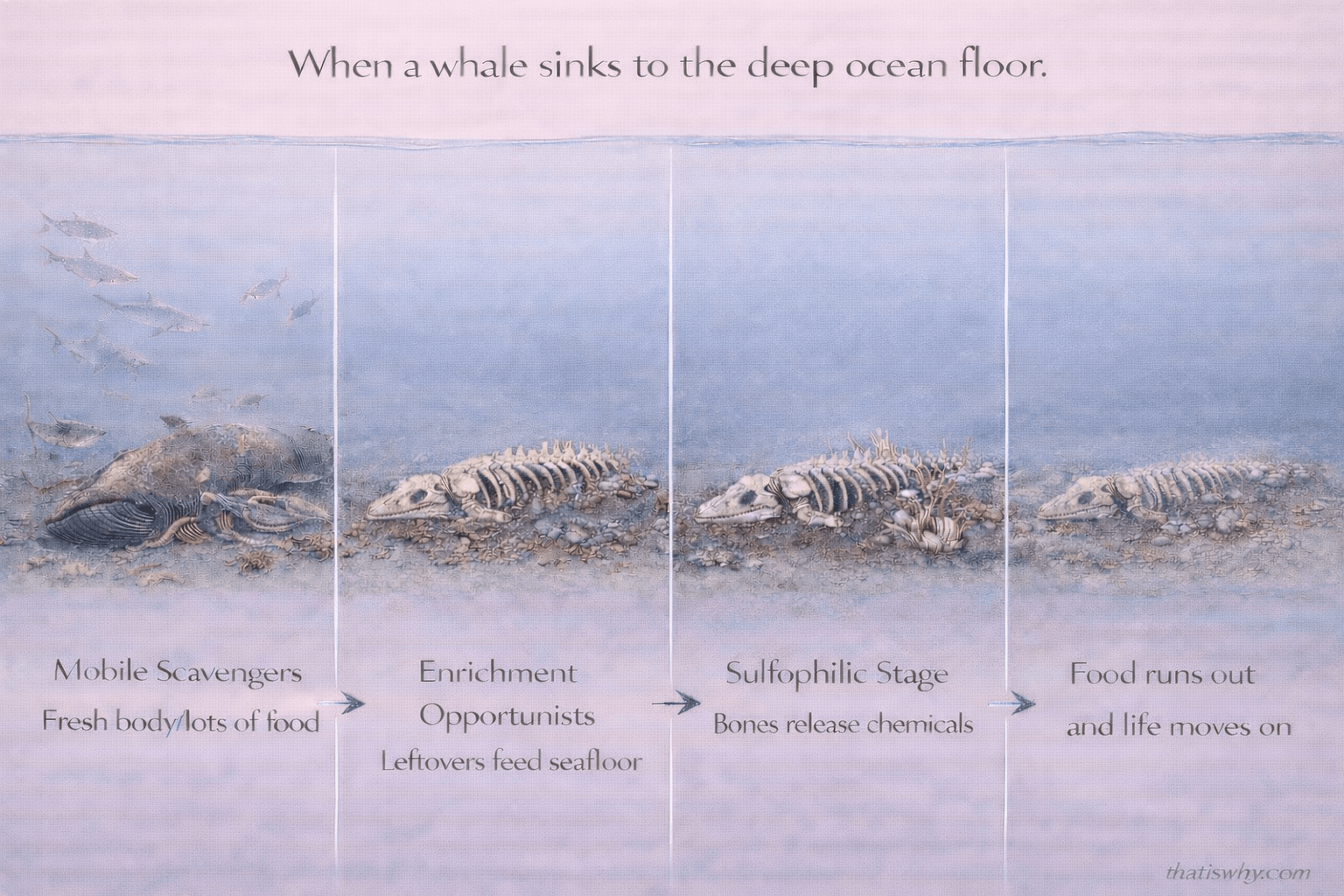 Diagram showing the stages of a whale fall from fresh body to bones over time on the ocean floor