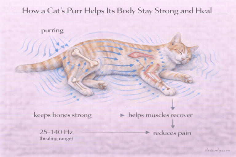 Diagram showing how a cat’s purring vibrations strengthen bones and help muscles recover