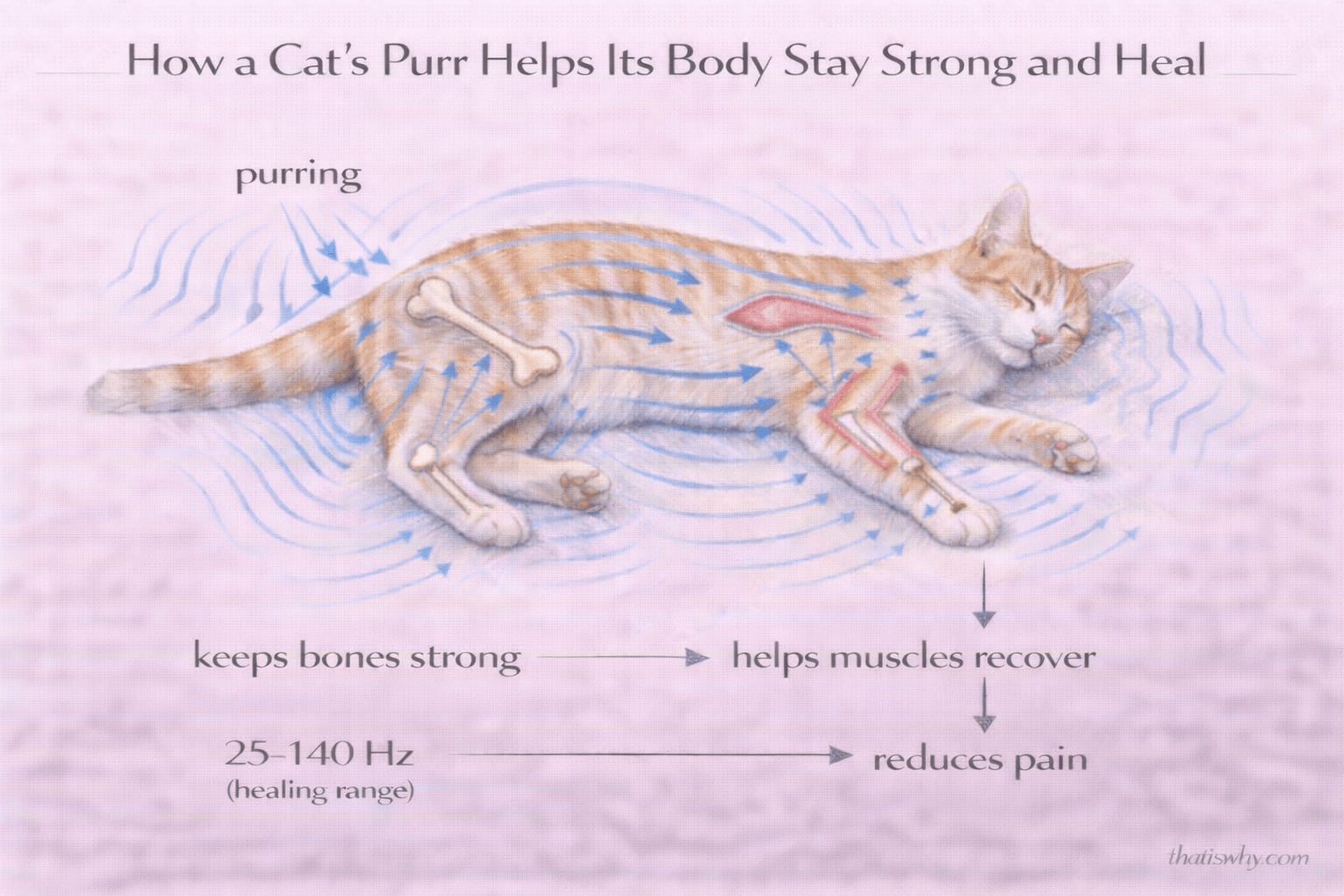 Diagram showing how a cat’s purring vibrations strengthen bones and help muscles recover