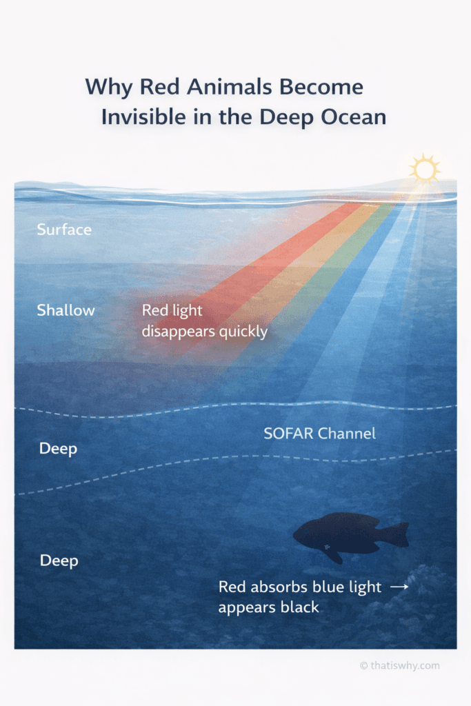 Diagram showing how red light disappears with ocean depth, making red deep-sea fish appear black and invisible.