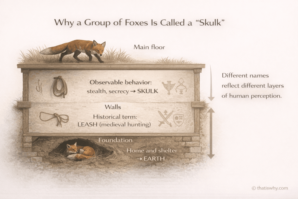 Diagram showing how the term “skulk of foxes” reflects behavior, history, and habitat.