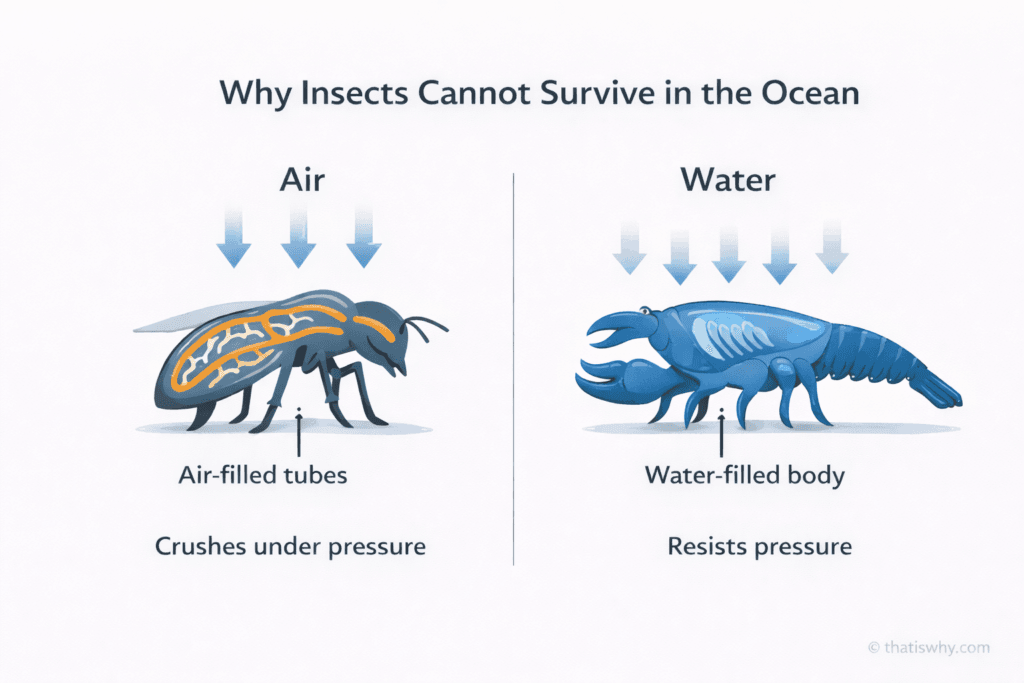 Diagram comparing air-filled insect bodies and water-filled crustacean bodies under ocean pressure.