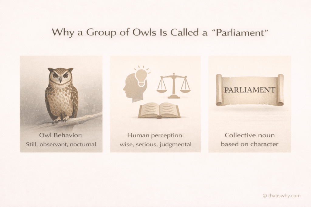 Diagram showing how human perception of owls as wise and serious leads to the collective noun “parliament”.