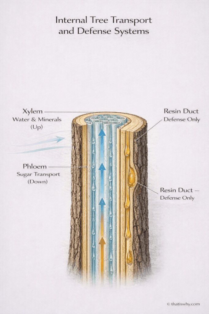 Diagram showing xylem and phloem sap transport versus resin defense ducts in trees