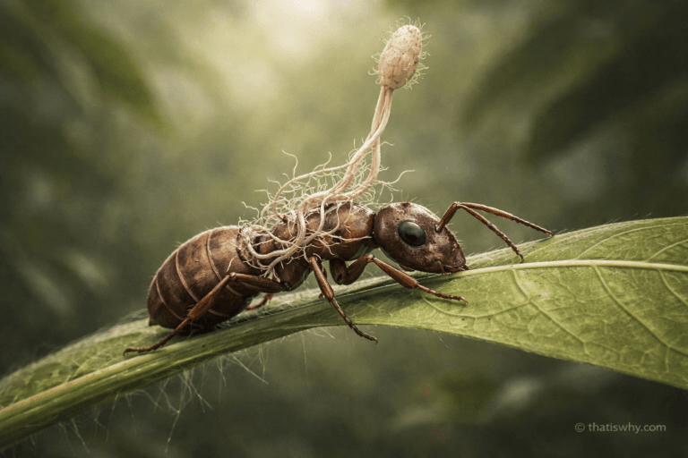 Zombie ant biting a leaf vein under fungal control