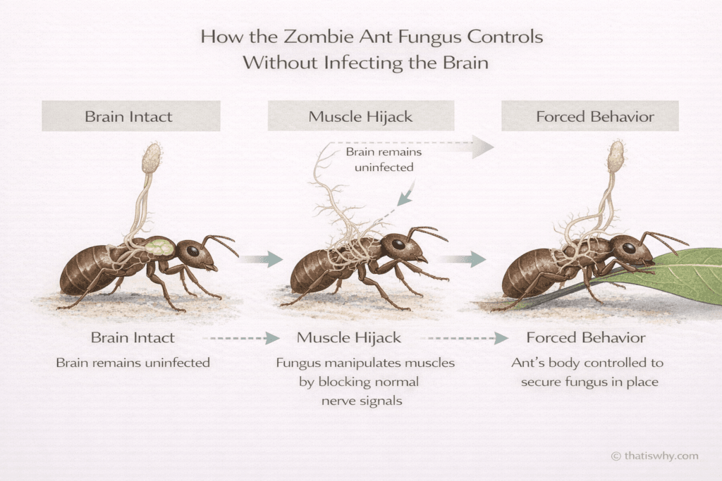 Diagram showing how zombie ant fungus controls muscles without infecting the brain