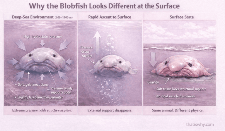 Diagram showing blobfish underwater under high pressure versus decompressed at the surface