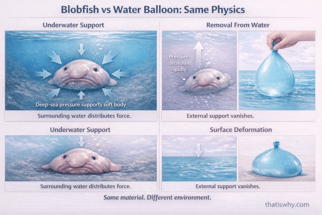 Side-by-side comparison of blobfish decompression and water balloon removed from water