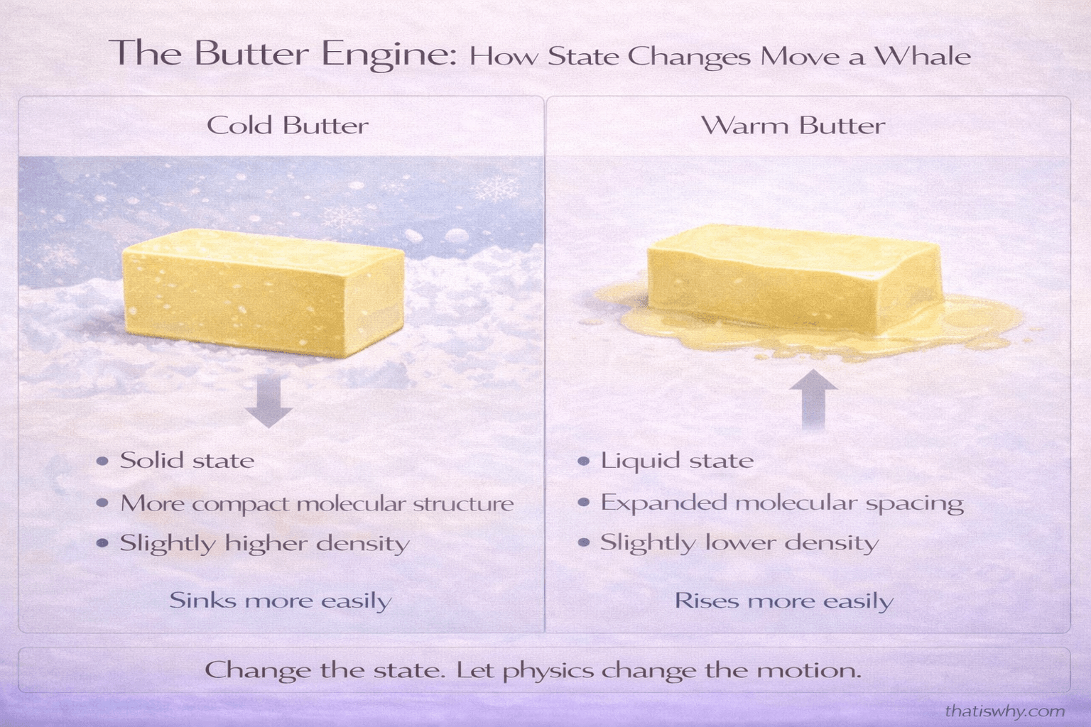 Infographic showing how cold solid butter is denser and warm butter is less dense, illustrating sperm whale buoyancy control