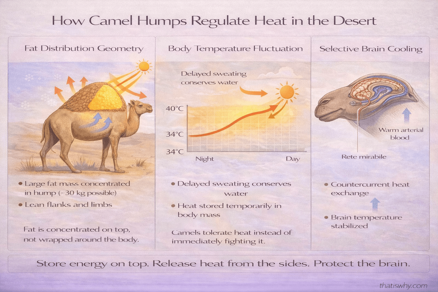 Anatomical diagram showing camel hump fat concentration, body temperature fluctuation, and selective brain cooling system
