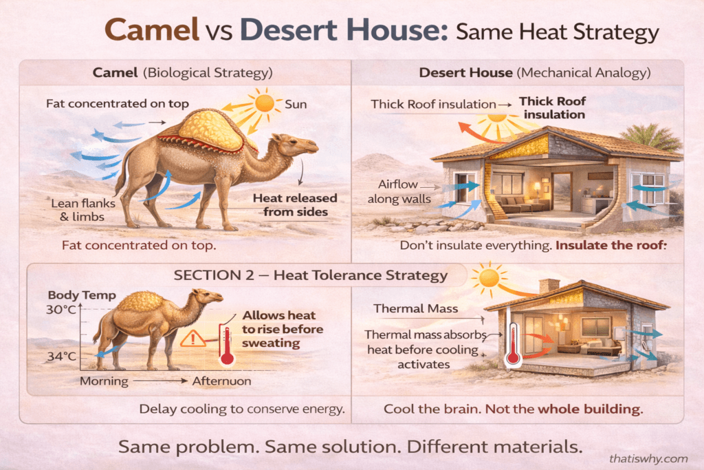 Split-screen diagram comparing camel hump fat placement with desert house roof insulation and heat exchange system