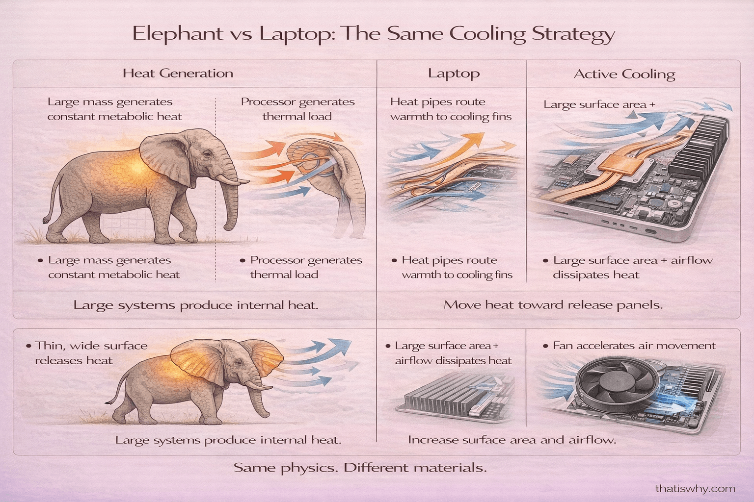Split-screen comparison of elephant ear cooling and laptop heat sink with fan