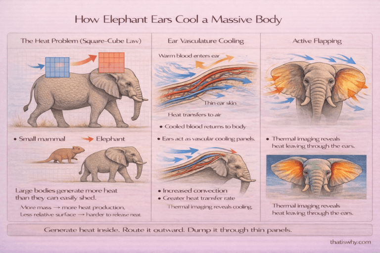 Diagram showing elephant ear blood vessels releasing heat through thin skin with airflow and flapping