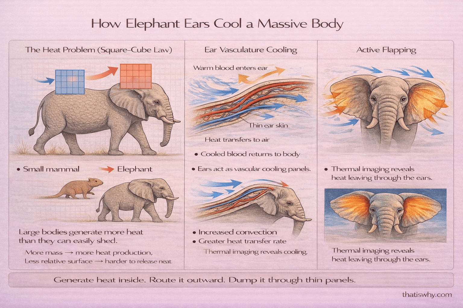 Diagram showing elephant ear blood vessels releasing heat through thin skin with airflow and flapping