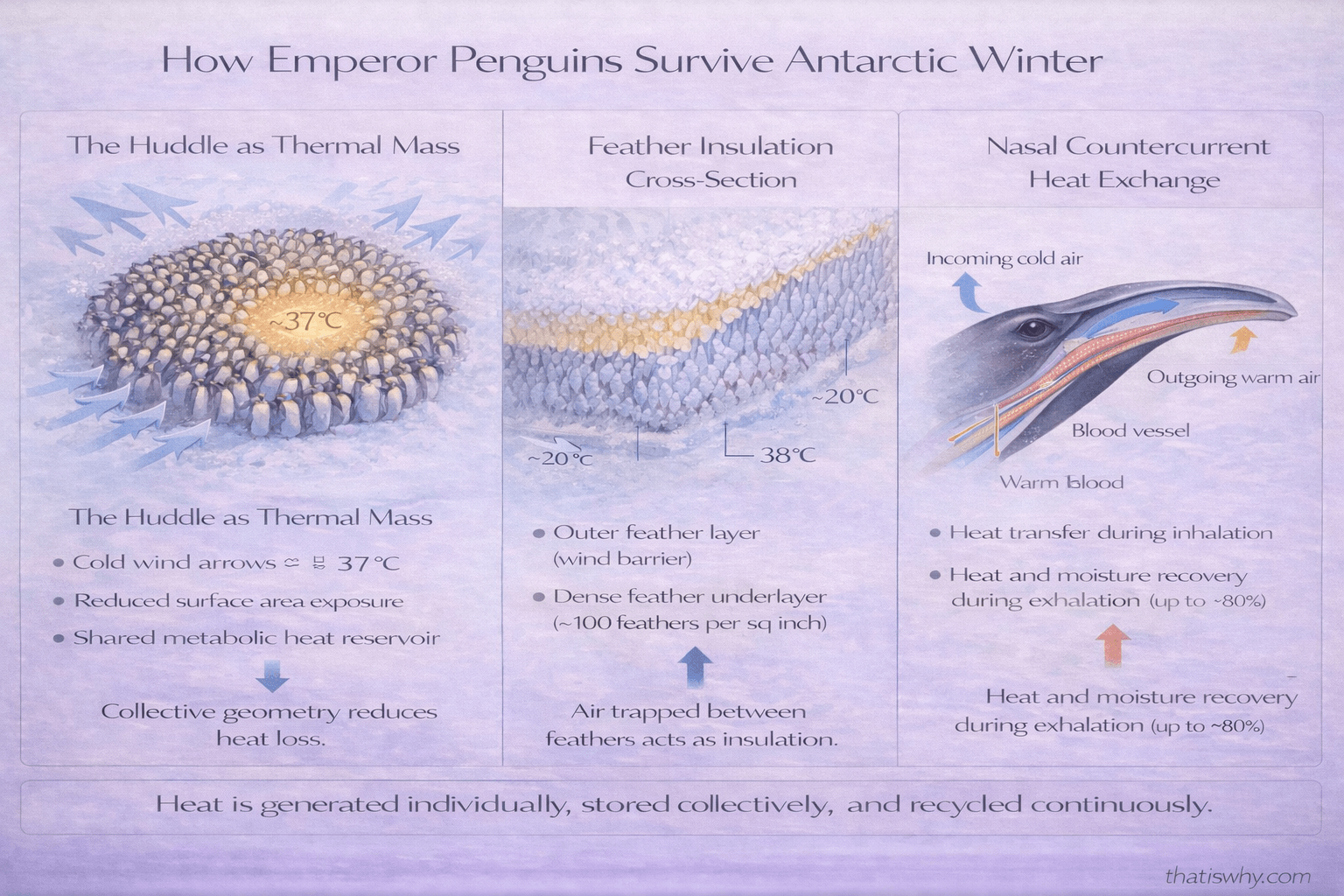 Diagram showing emperor penguin huddling behavior, feather insulation layers, and nasal heat exchange system