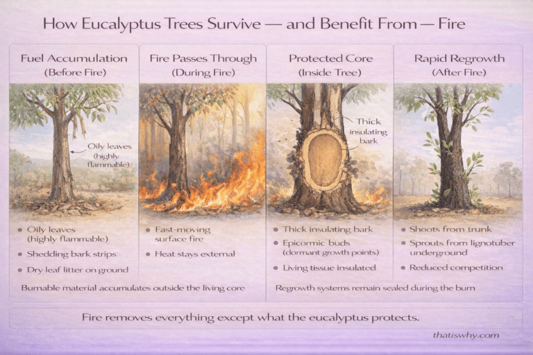 Scientific diagram showing how eucalyptus trees burn externally while protecting internal tissue and resprouting after fire