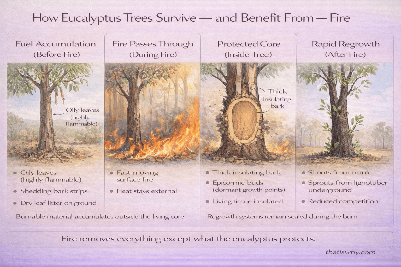 Scientific diagram showing how eucalyptus trees burn externally while protecting internal tissue and resprouting after fire