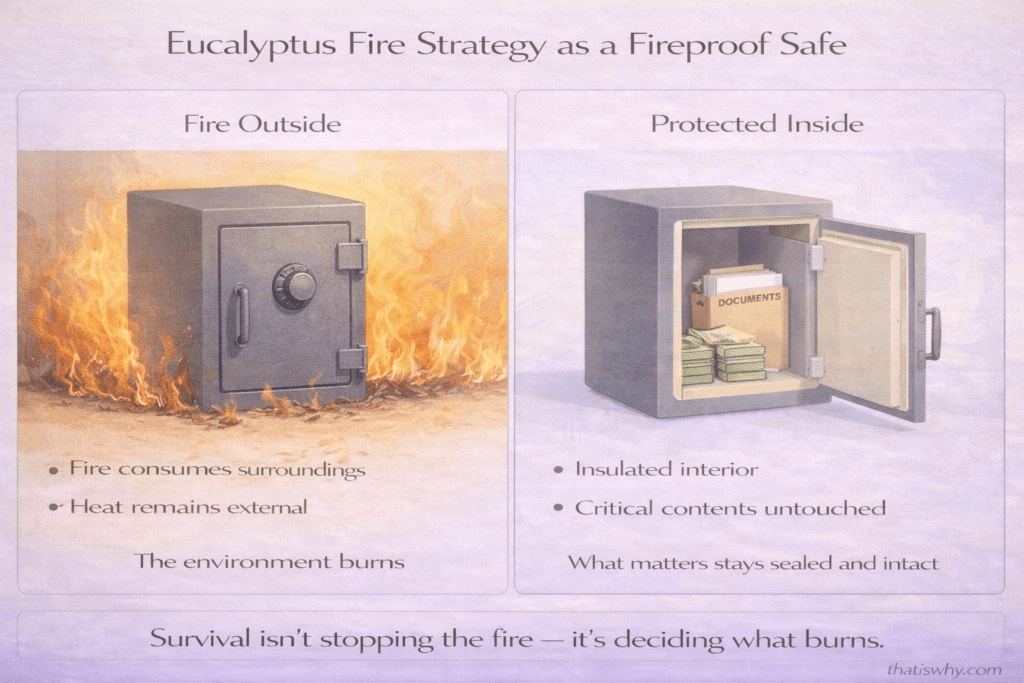 Analogy diagram comparing eucalyptus fire survival to a fireproof safe protecting contents during a blaze