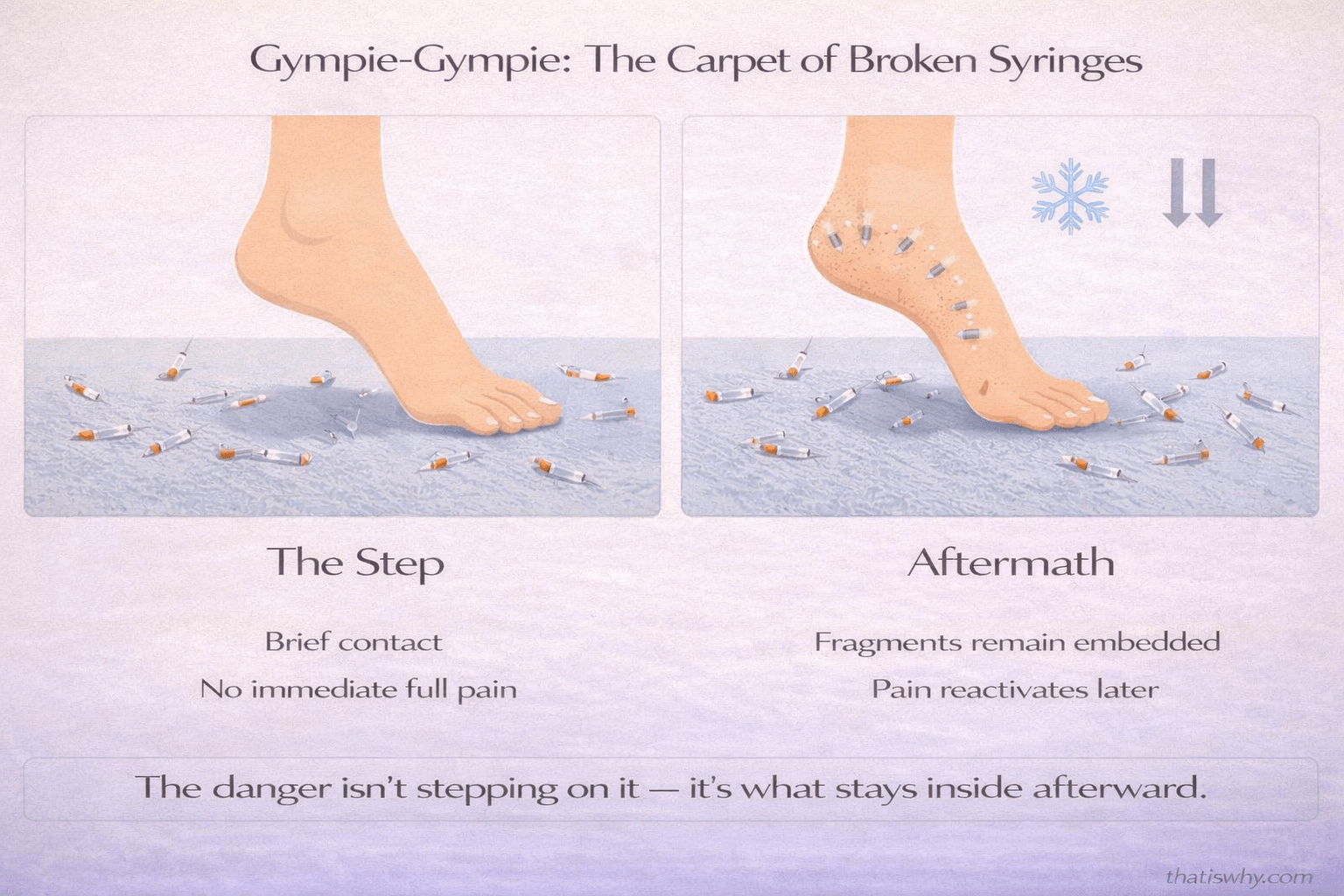Analogy diagram comparing Gympie-gympie sting to stepping on a carpet of broken syringes