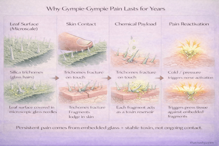 Educational diagram explaining the biological mechanism behind Gympie-gympie’s persistent pain.